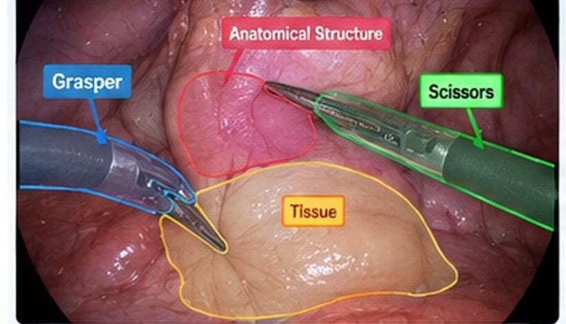 Surgical scene with grasper, scissors, tissue and anatomical structure segmented and labeled