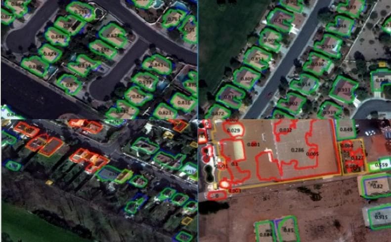 Aerial building footprints under review, with accepted and rejected labels marked